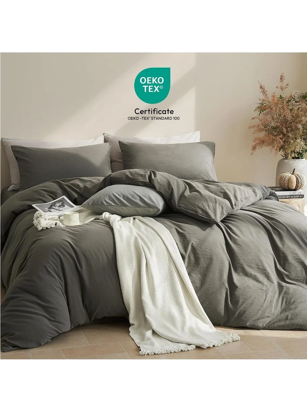 NEW JELLYMONI 100% Washed Cotton Duvet Cover Set, Linen-Like Texture. King.